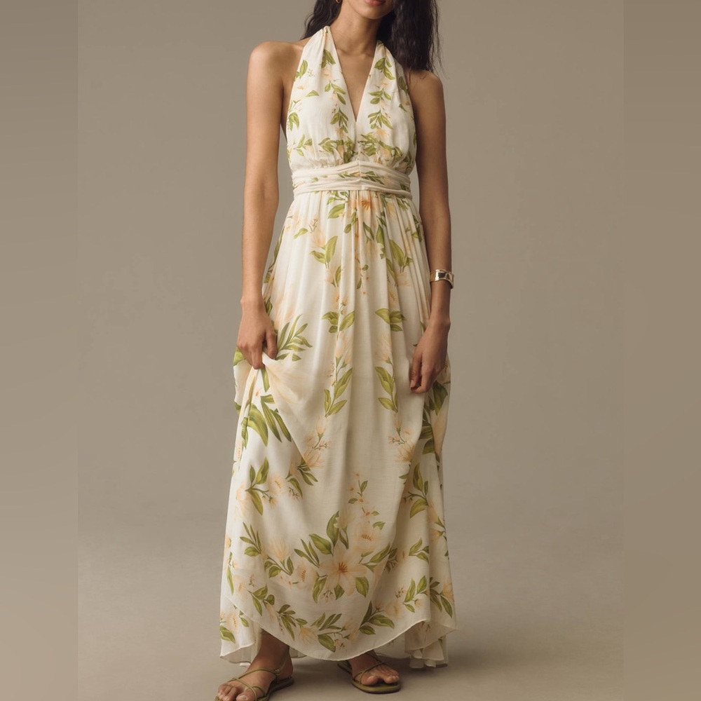 Halter-Neck Floral Maxi Dress in Cream and Green